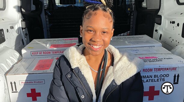 Tymia Green, who has sickle cell disease and has received 130 blood transfusions, participates in a ridealong with an American Red Cross transportation specialist to deliver blood products for hospital patients.
