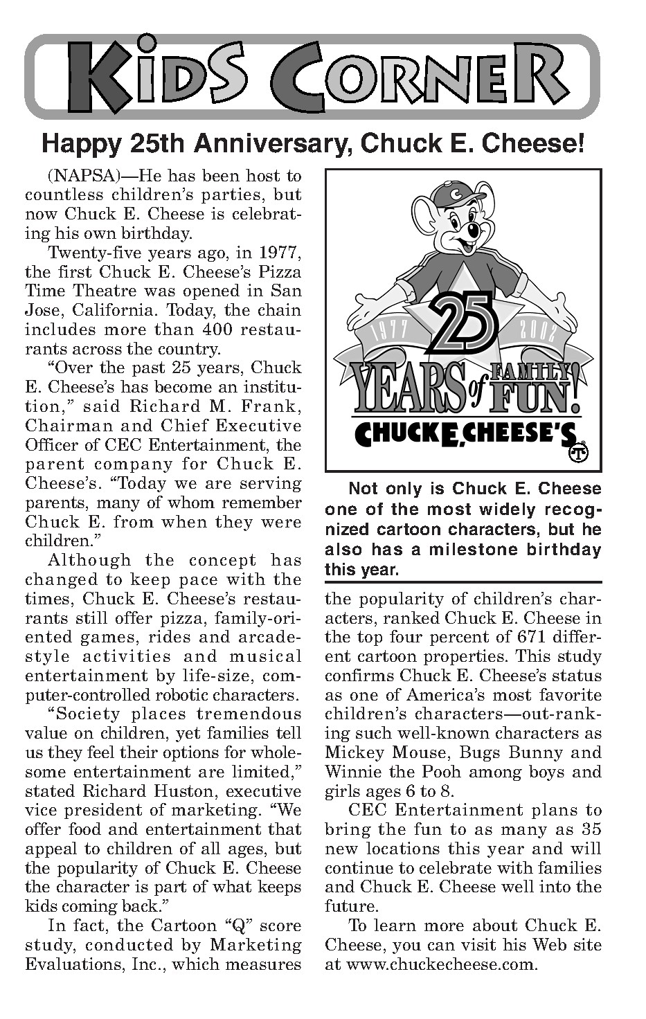 Happy 25th Anniversary, Chuck E. Cheese! | North American Precis ...