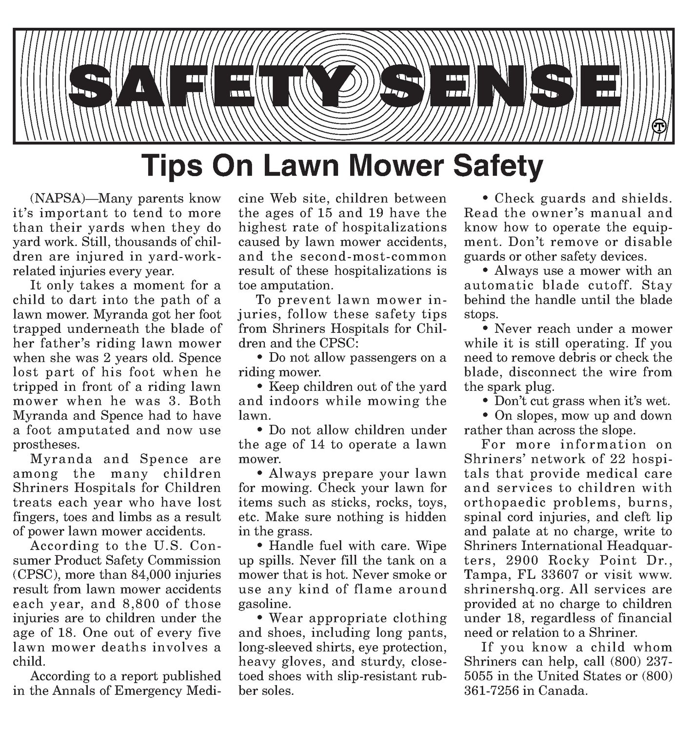 Tips On Lawn Mower Safety North American Precis Syndicate, Inc.